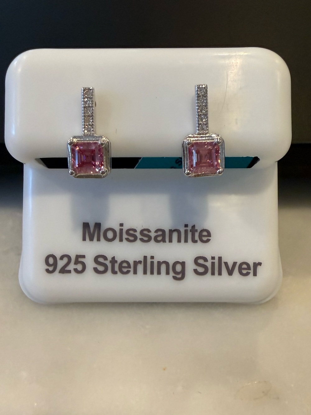 Pink Square Moissanite Drop Earrings Sterling Silver 4.4 mm .77 CTW With GRA